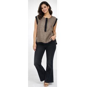 Vilagallo Brown Black 100% Silk Mini Check Plaid Button Up Blouse Women's 40-M